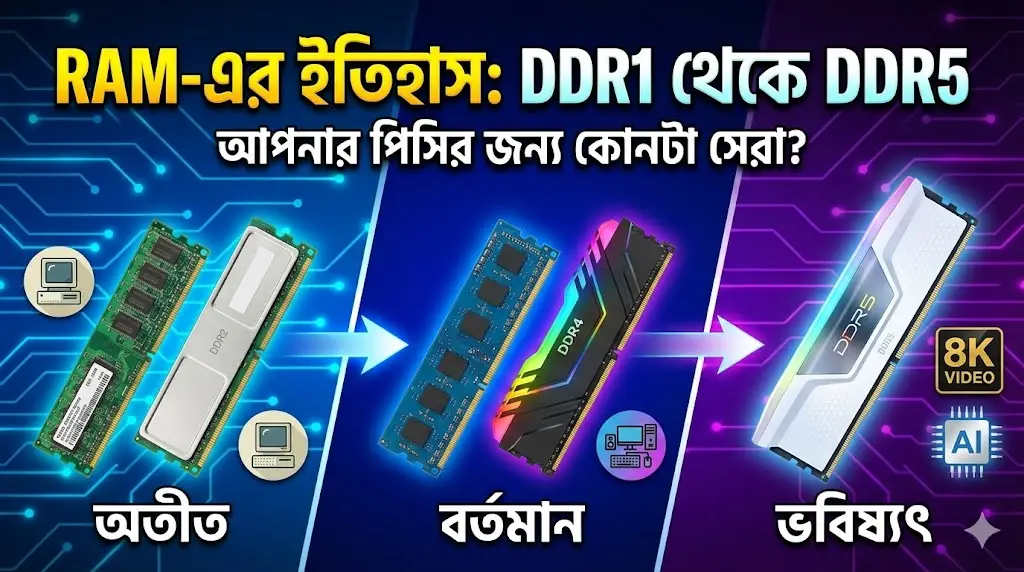 An infographic thumbnail showing the evolution of computer RAM from the past to the future. It is divided into three sections: "অতীত" (Past) on the left with DDR1 and DDR2 sticks and vintage computer icons, "বর্তমান" (Present) in the middle with DDR3 and DDR4 sticks and a gaming PC icon, and "ভবিষ্যৎ" (Future) on the right with a DDR5 stick and icons for 8K video and AI. The main Bengali title at the top reads "RAM-এর ইতিহাস: DDR1 থেকে DDR5" (History of RAM: DDR1 to DDR5) with the subtitle "আপনার পিসির জন্য কোনটা সেরা?" (Which is best for your PC?). Arrows indicate the progression from past to future.