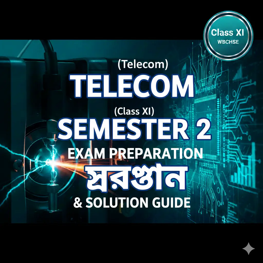 Professional study guide cover for Class XI Telecom Semester 2 featuring a fusion splicing machine, fiber optic cables, and exam preparation text.