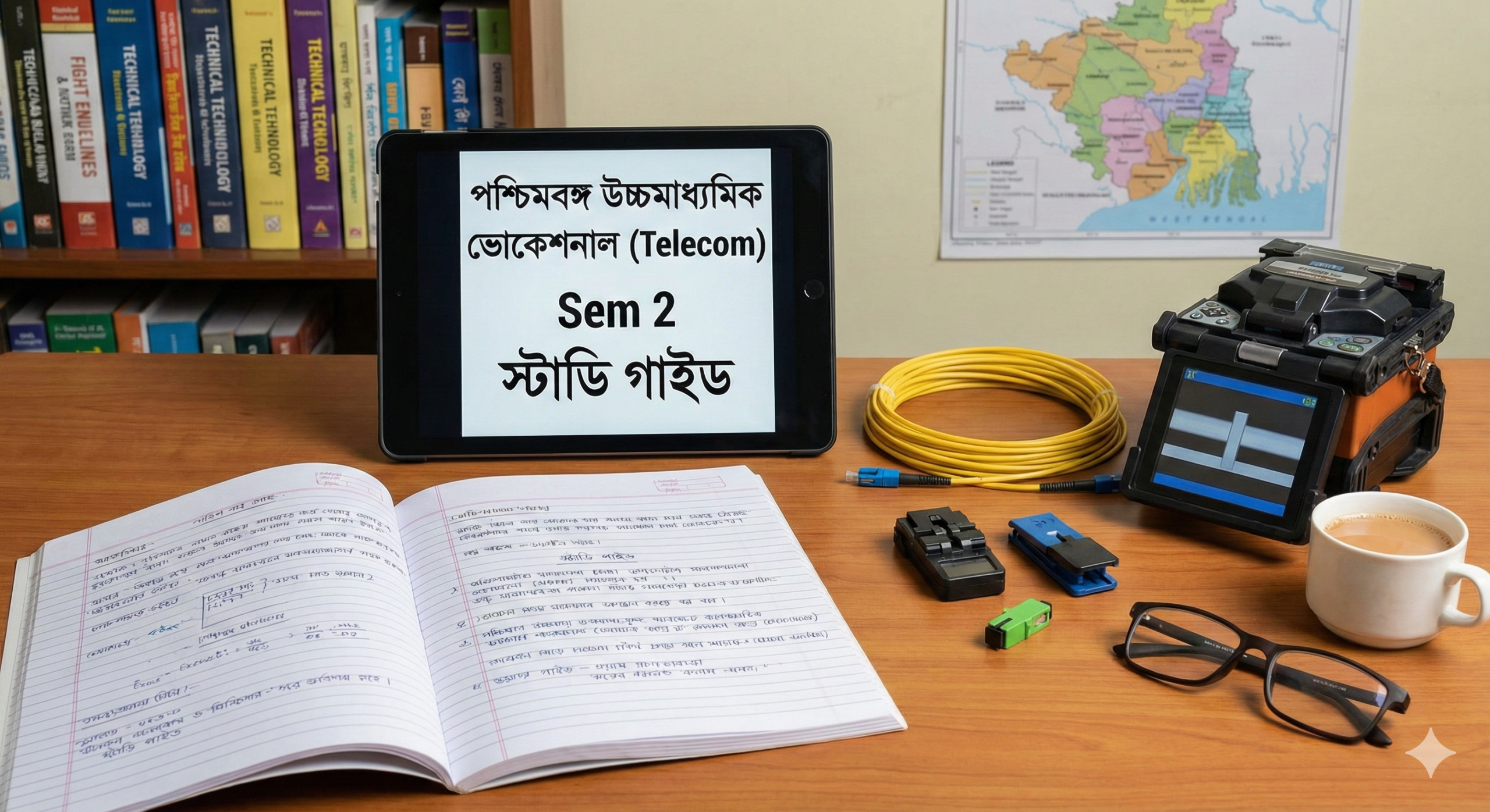 A study table featuring a tablet with WBCHSE Vocational Telecom Sem 2 study guide in Bengali, handwritten notes, and an optical fiber fusion splicer machine.