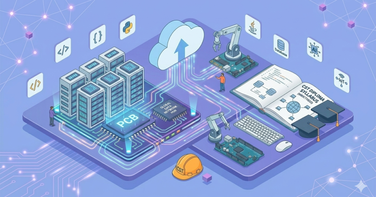 3D isometric illustration representing the Computer Science and Technology (CST) diploma syllabus, featuring data servers, cloud computing networks, a glowing microchip, programming language icons, an open textbook, and graduation caps.