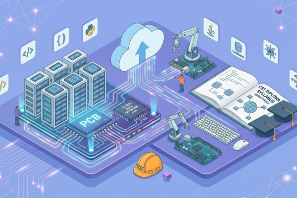 3D isometric illustration representing the Computer Science and Technology (CST) diploma syllabus, featuring data servers, cloud computing networks, a glowing microchip, programming language icons, an open textbook, and graduation caps.
