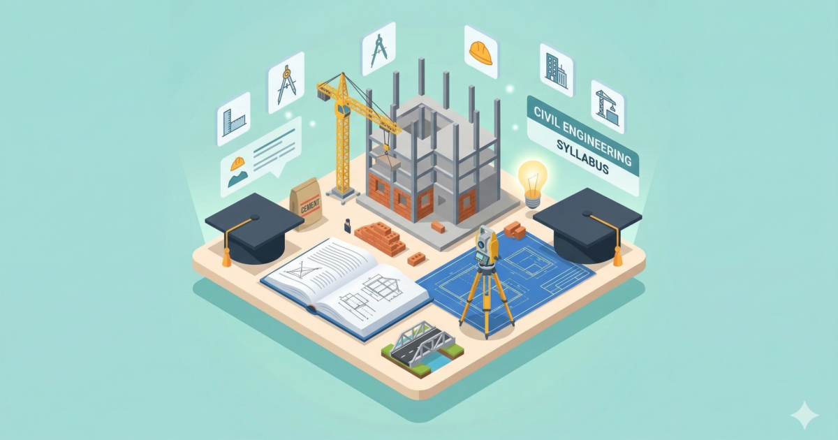3D isometric illustration representing the Civil Engineering (CE) diploma syllabus, featuring a building under construction, a yellow crane, blueprints, surveying equipment, and graduation caps.