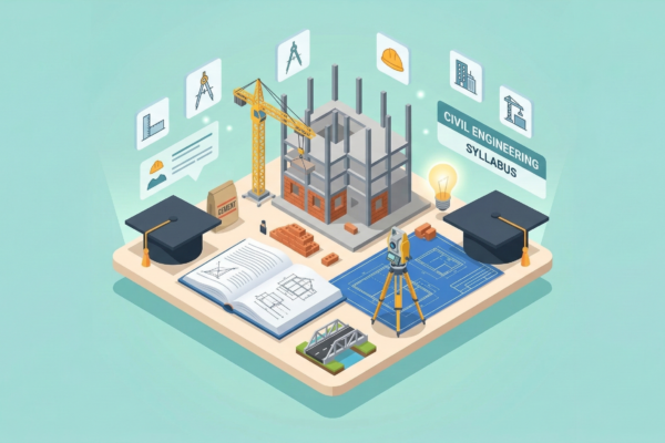 3D isometric illustration representing the Civil Engineering (CE) diploma syllabus, featuring a building under construction, a yellow crane, blueprints, surveying equipment, and graduation caps.
