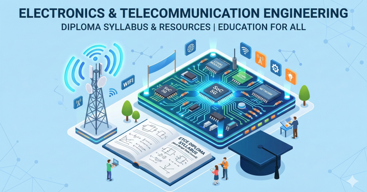 3D isometric illustration representing the Electronics and Telecommunication Engineering (ETCE) diploma syllabus, featuring a glowing computer circuit board, a transmission tower, an open textbook, and a graduation cap.