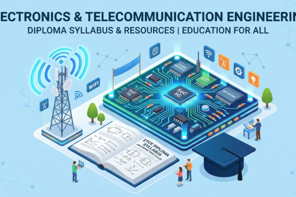 3D isometric illustration representing the Electronics and Telecommunication Engineering (ETCE) diploma syllabus, featuring a glowing computer circuit board, a transmission tower, an open textbook, and a graduation cap.