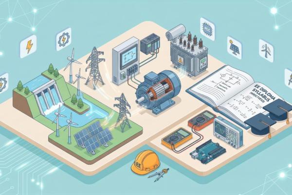 3D isometric illustration representing the Electrical Engineering (EE) diploma syllabus, featuring a hydroelectric dam, solar panels, an electric motor, a transformer, circuit testing equipment, an open engineering textbook, and graduation caps.