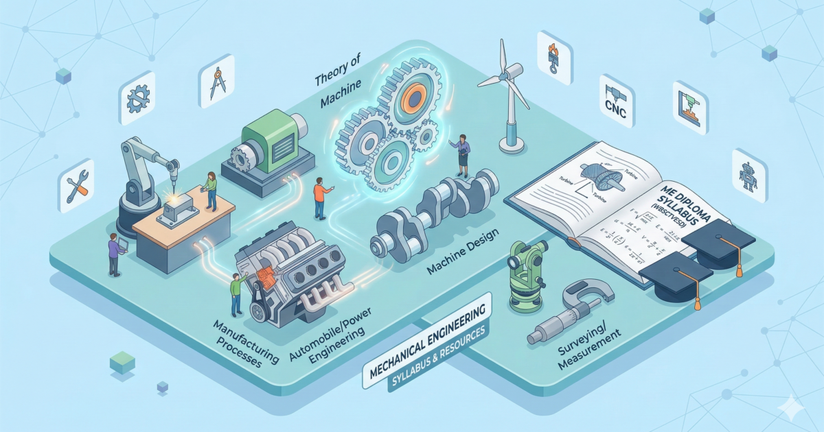 3D isometric illustration representing the Mechanical Engineering (ME) diploma syllabus, featuring a car engine block, a manufacturing robotic arm, interlocked gears, an open engineering textbook, and graduation caps.