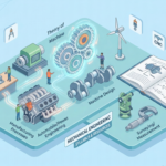 3D isometric illustration representing the Mechanical Engineering (ME) diploma syllabus, featuring a car engine block, a manufacturing robotic arm, interlocked gears, an open engineering textbook, and graduation caps.